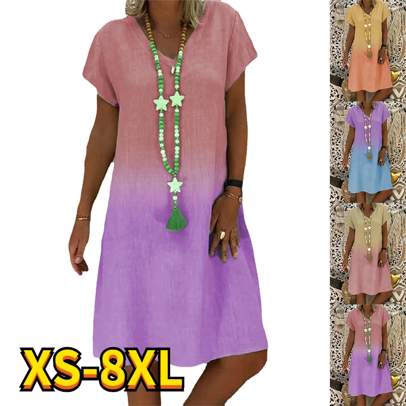 

2022 Summer Elegant Women's Printed Painting Dress V Neck Loosen Female Dress New Design Blue Red Purple 8XL