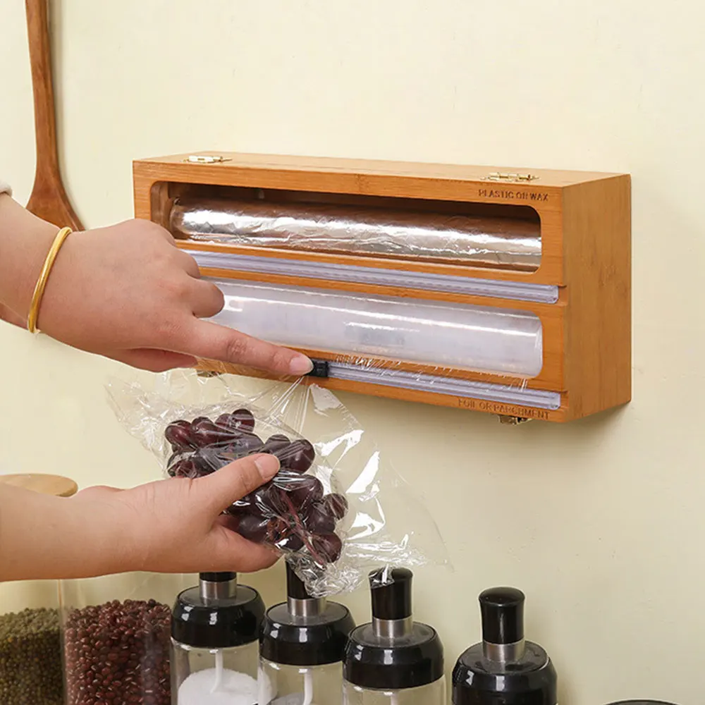 

Kitchen Foil and Plastic Wrap Organizer, Plastic Wrap Dispenser with Cutter, Bamboo Dispenser for Organization and Storage
