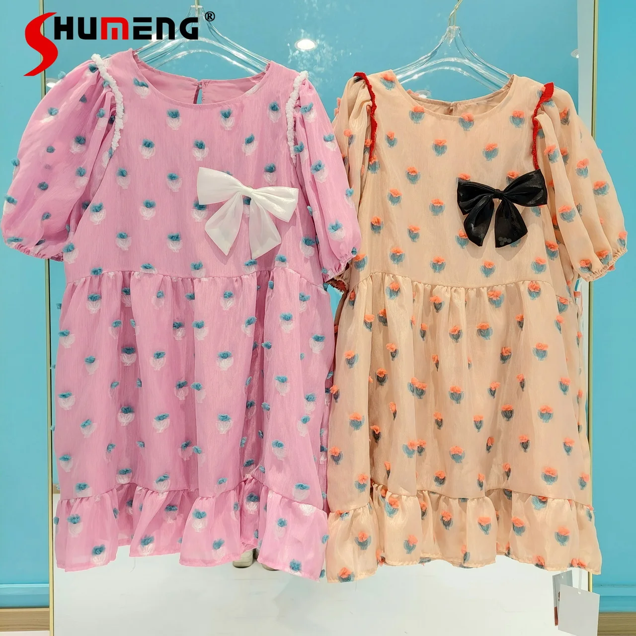 

2022 Summer New Women's Korean Fashion Sweet Pullover Above Knee Dress Ladies Fairy 3D Flower Detachable Bow O-neck Short Dress