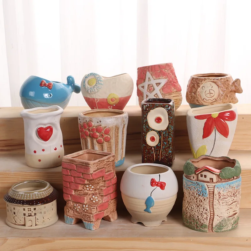 

Stereo Flowerpot Variable Glaze Thick Hand Painted Pottery Flowerpot More Meat Flowerpot Perforated Breathable Aestivation