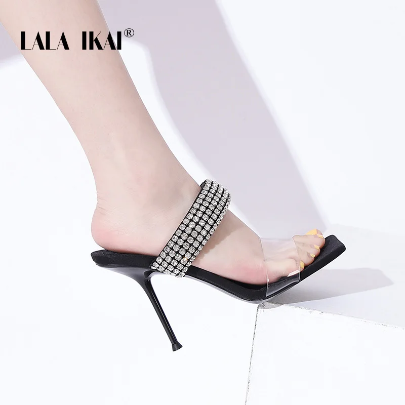

LALA IKAI Women 10cm And 7cm Rhine High Heels Stiletto Strap Transparent Open Toe Outer Sandals Rivets Black Slippers Plus