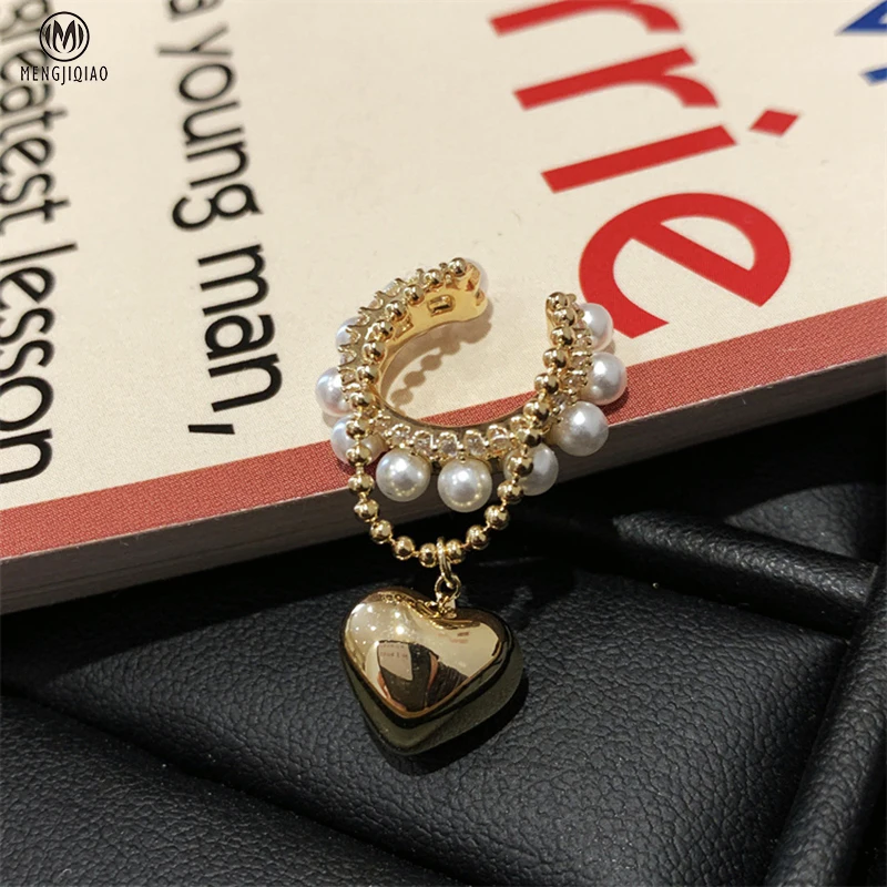 

MENGJIQIAO Korean Elegant Delicate Zircon Pearl Clip Earrings For Women Trendy Metel Heart No Piercing Cartilage Ear Jewelry