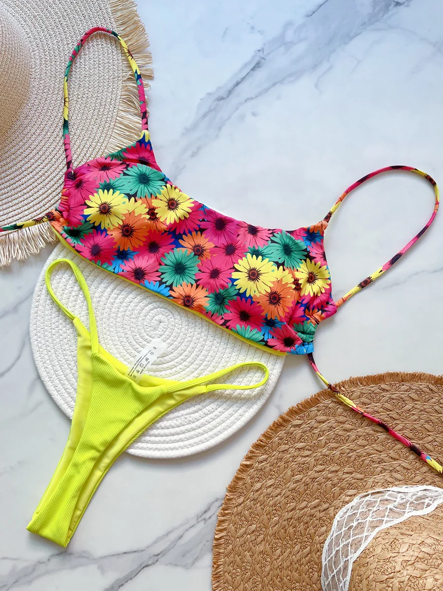 Мини-микро-стринги с цветочным принтом бикини высоким вырезом женский купальник