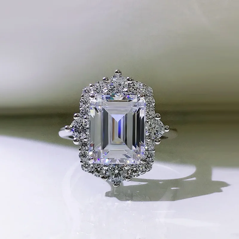 

925 Sterling Silver 8*10MM Emerald Cut Lab Sapphire High Carbon Diamonds Gemstone Engagement Ring Fine Jewelry