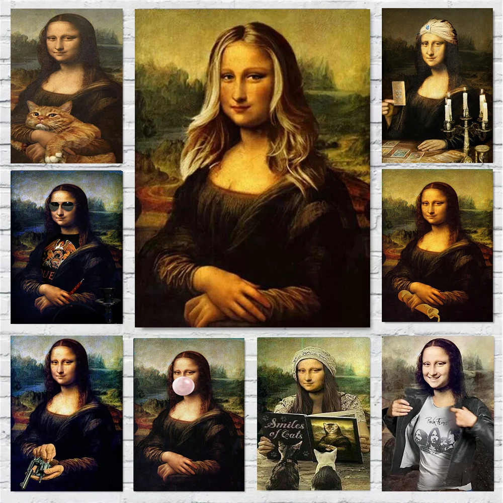 

Funny Mona Lisa With Cat Poster Prints For Living Room Bedroom Home Decor Famous Woman Portrait Canvas Painting Wall Art