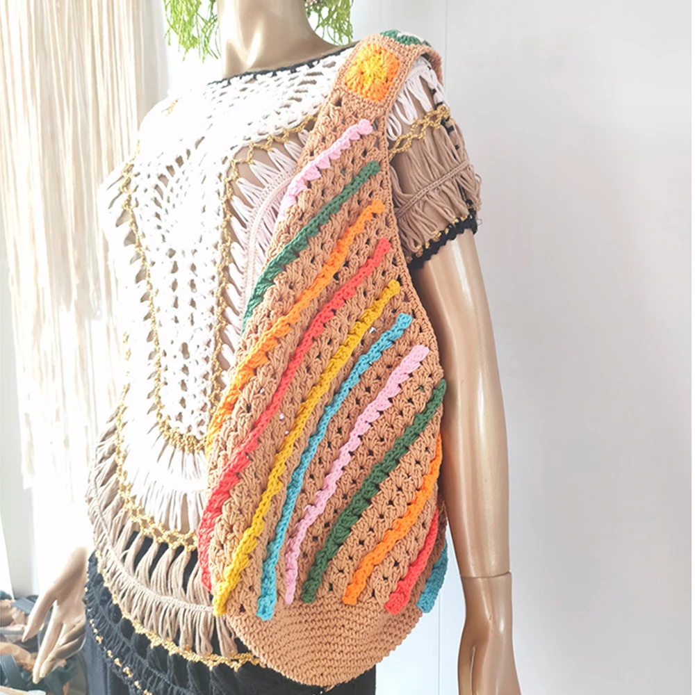 Handcrafted Hollow Handbag: Unique Striped Tote Bag with Woven Design