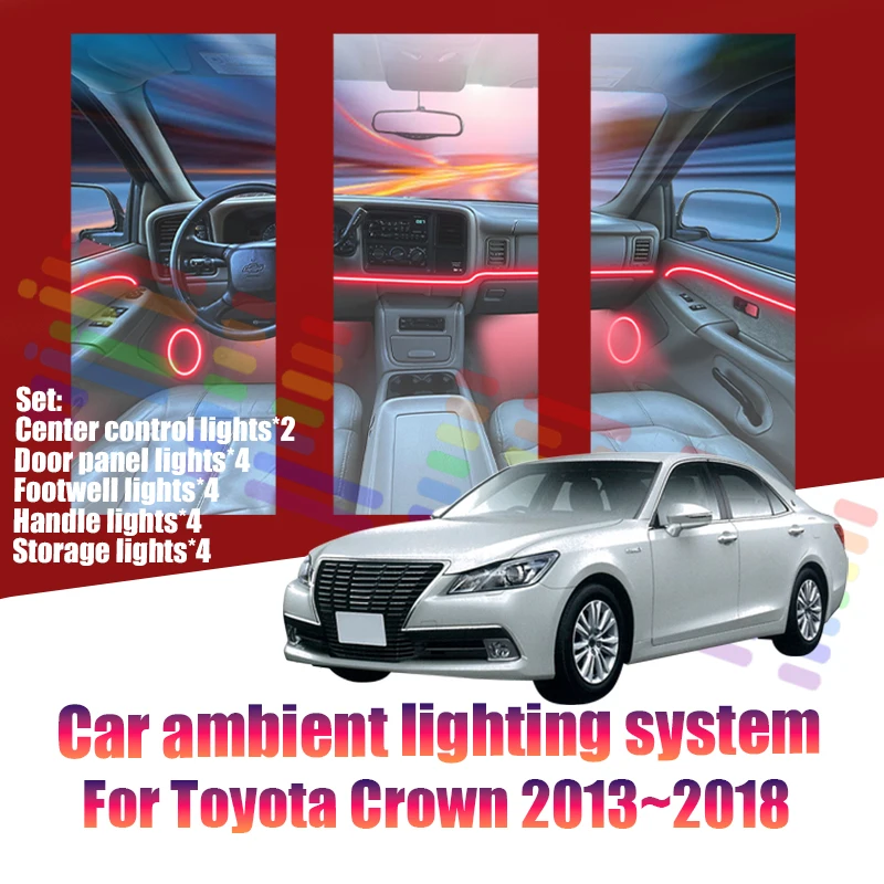 Фото Для Toyota Crown 2013~2018 MK14: Светодиодные атмосферные лампы, цветная подсветка салона, неоновая лента, 64 RGB-цвета №1