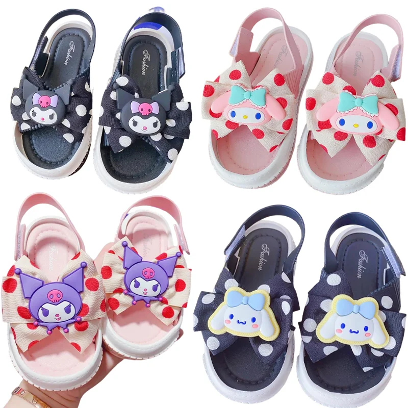 

Sanrio Kawaii Kuromi Cinnamoroll Children Baby Sandals Cartoon Anime My Melody Cute Girl Polka Dot Bow Tie Velcro Princess Shoes