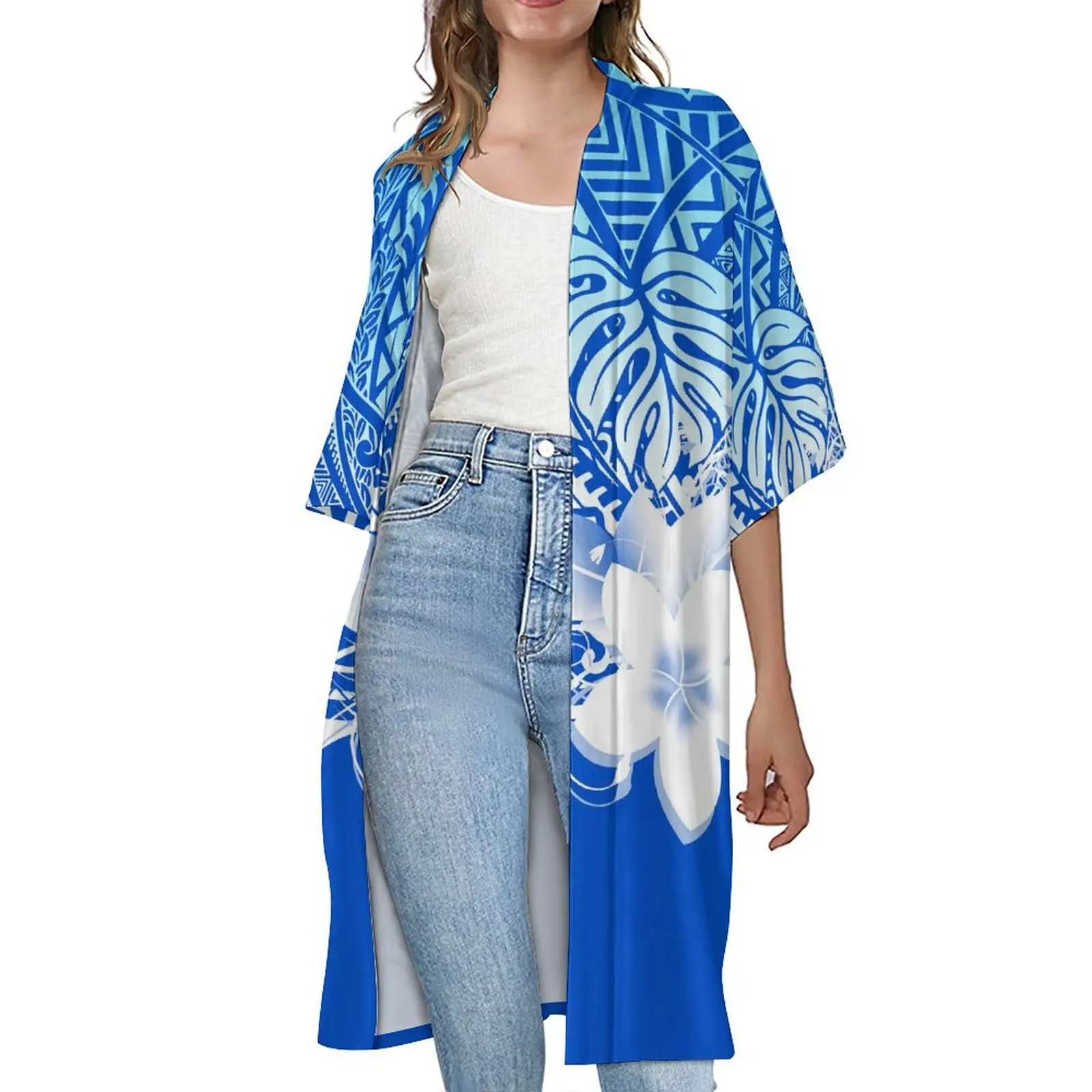 Летний женский кардиган с короткими рукавами и цветком гибискуса синее