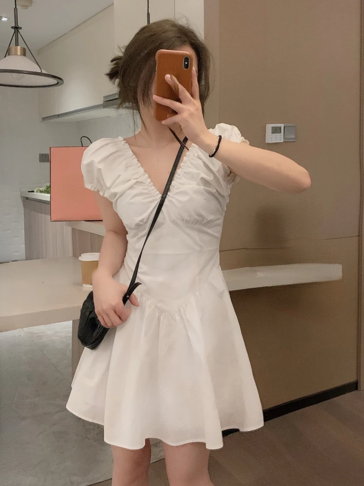 

Милое мини-платье Y2k, женское повседневное облегающее Привлекательное платье с коротким рукавом, женское однотонное блестящее цельное платье, корейская мода, лето 2023