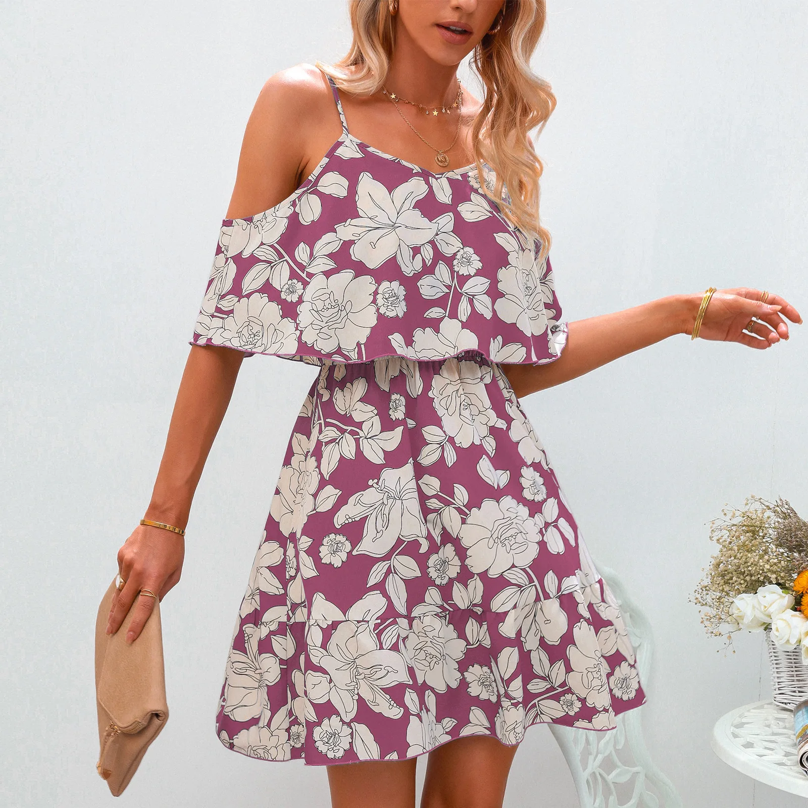 

Summer Women Suspender Floral Dress A-Line Sweet Elegant Floral Ruffles V-neck Short Dress for Lady Chic Flowers Mini Dress