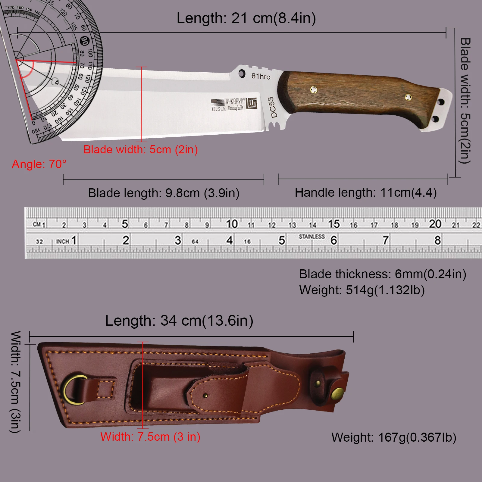 WPKOPYA немецкий уличный нож для дров DC53 All Tang + кожаный чехол на одно плечо топор