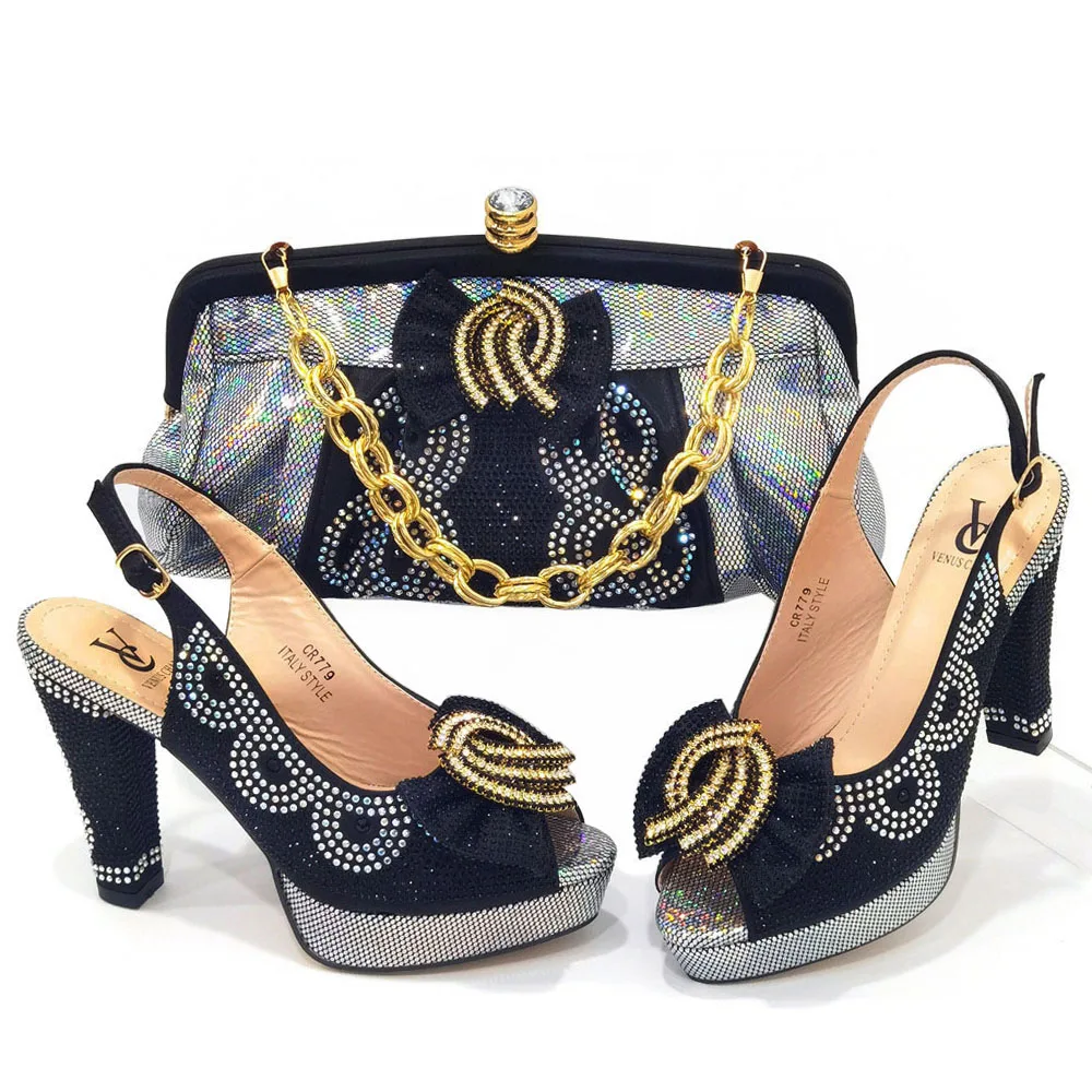 

African 2023 Banquet Shoes With Bags Women's Italian Design Black Shoes Matching Bag Made Of Bright Patent Leather