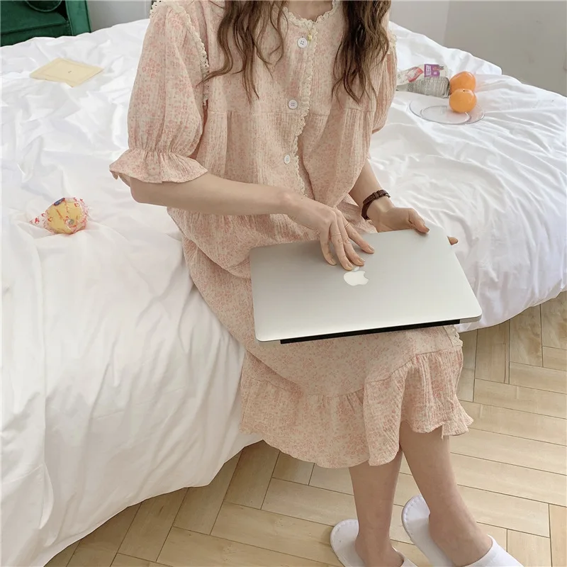2022 Summer Women's Night Gowns Loose Floral Nightdress Lace Pajamas Lounge Wear Single-breasted Nightgown Women Cotton Pajamas