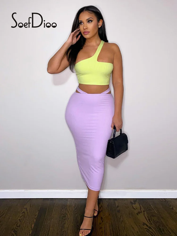 

Soefdioo Contrast Color Crop Tank Top and High Waist Midi Skirts Two Piece Set Woman Summer 2022 Club Outfits Sexy Streetwear