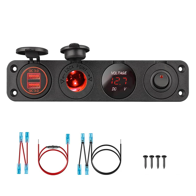 

4 в 1 двойная панель QC 3,0 USB Автомобильное зарядное устройство, устройство для прикуривателя, переключатель для автомобиля, морского судна, лодки, RV, грузовика