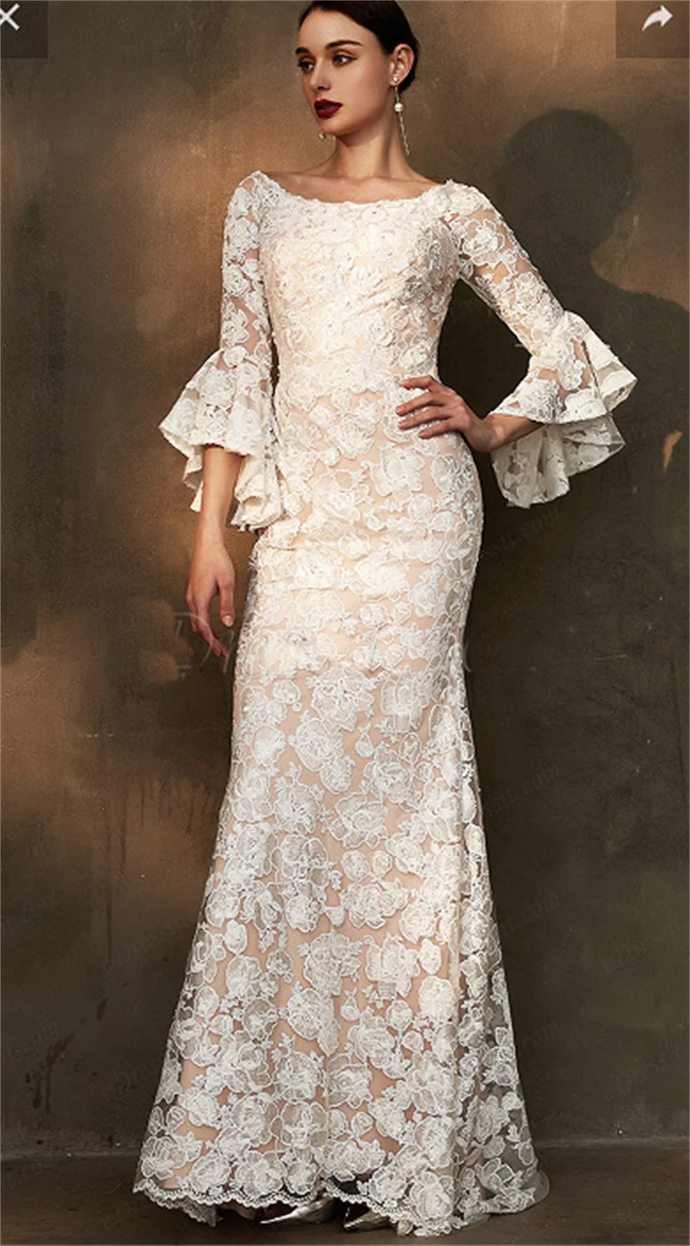 Women Elegant Lace-up Wedding Dress Tulle Crew Neck Long Flare Sleeve Prom Party Dress Sexy Hollow Mermaid Evening Dresses