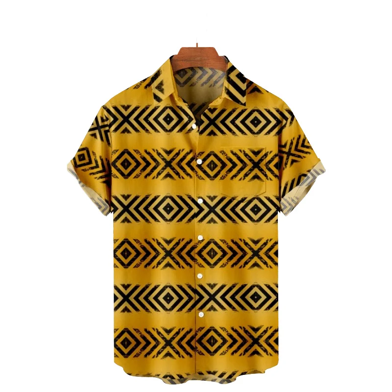 2022 Men's Short Sleeve Lapel Shirt Plus Size Yellow Plaid 3D Printed Men's Top with Pockets