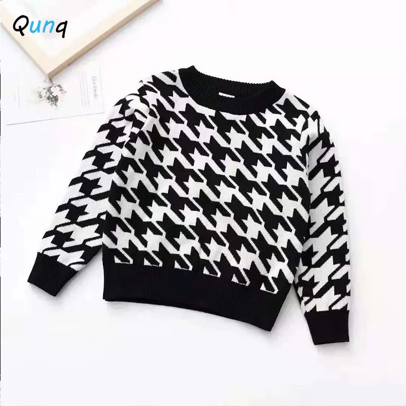 

Qunq Autumn Winter New Girls O Neck Plaid Long Sleeve Pullover Knitting Sweater British Fashion Casual Kids Clouthes Age 3T-8T