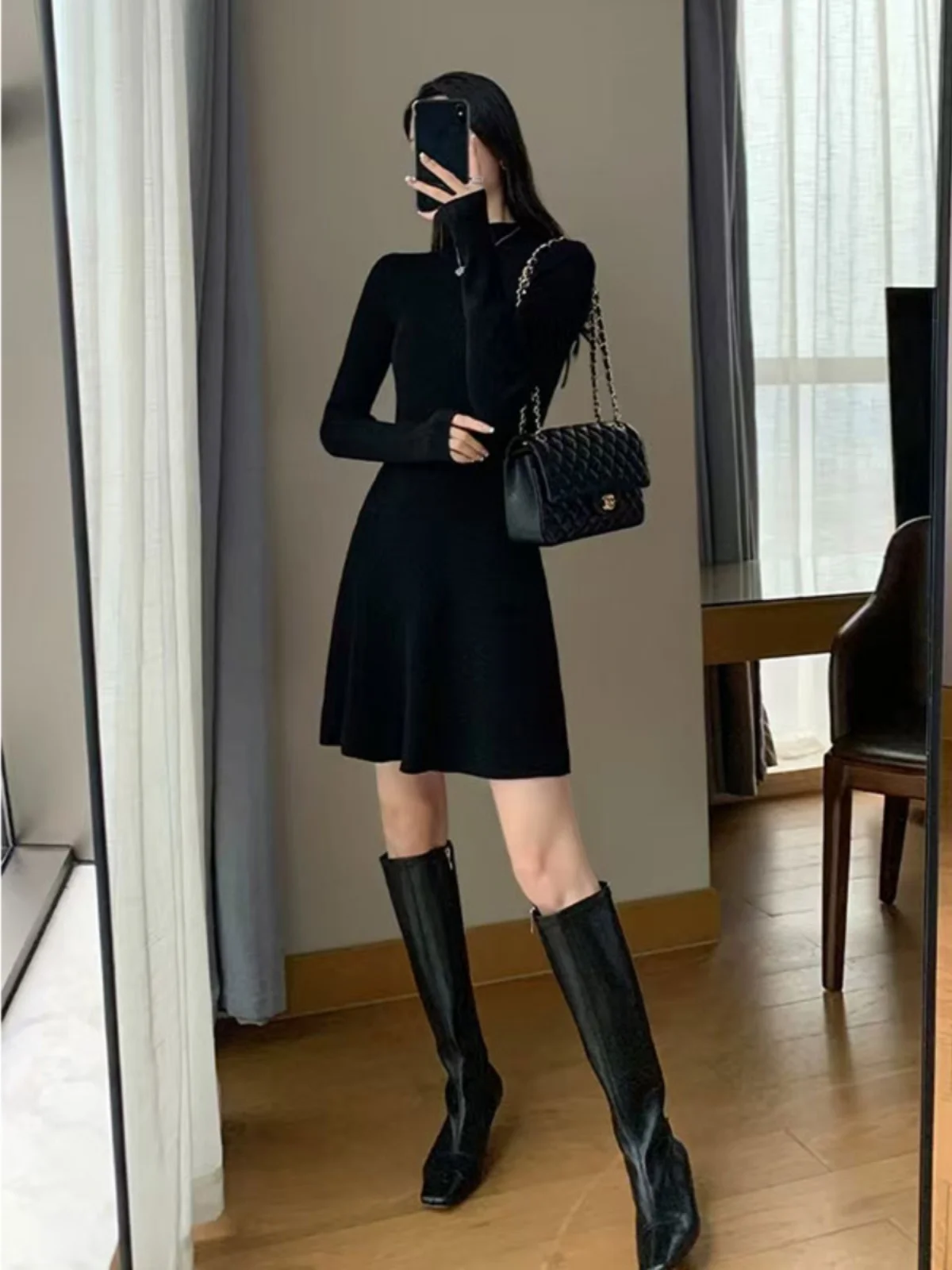 Черное трикотажное платье Hepburn Sle женское осенне-зимнее одинаковое пальто