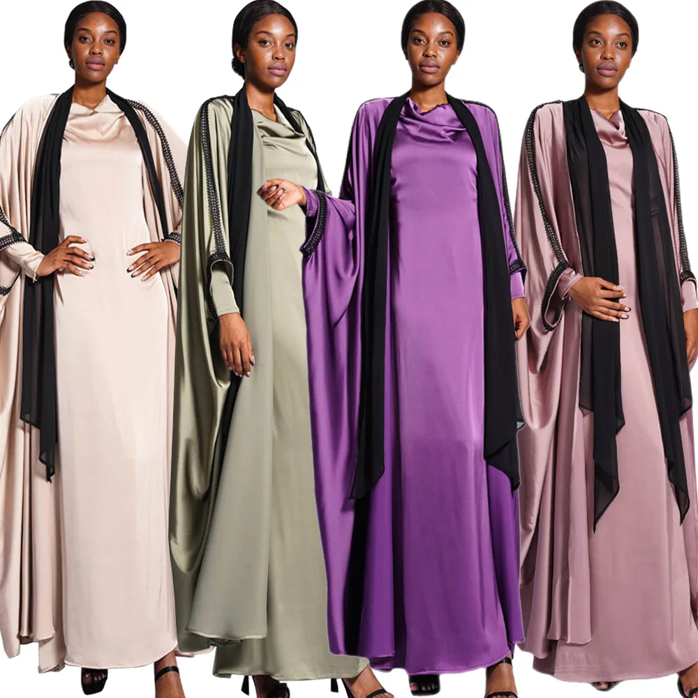 

Lace Satin Open Abaya Muslim Women Cardigan Maxi Dress Eid Ramadan Islam Arab Robe Africa Dubai Kaftans Party Long Gown Jalabiya