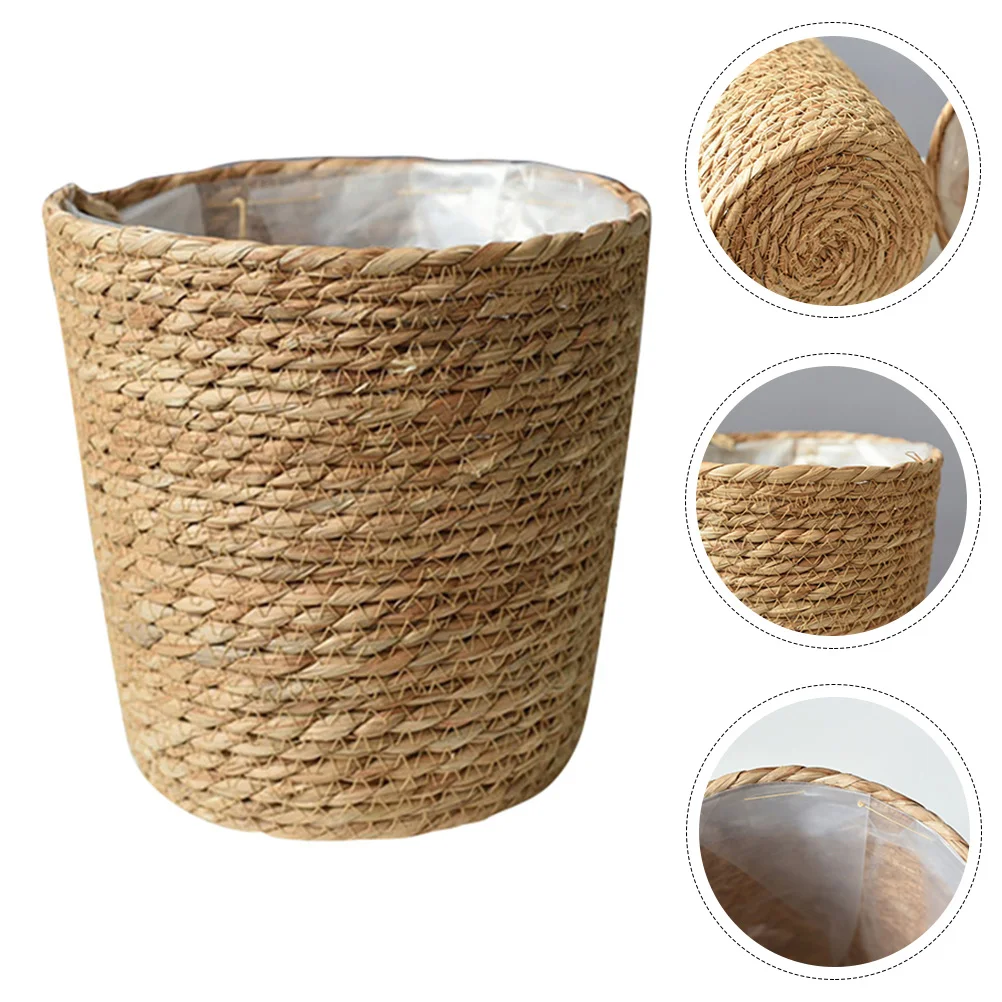 Rattan Planter Straw Flower Pot Seagrass Bed Decor Wicker Storage Basket Trash Can Vases Decorative Flowerpot