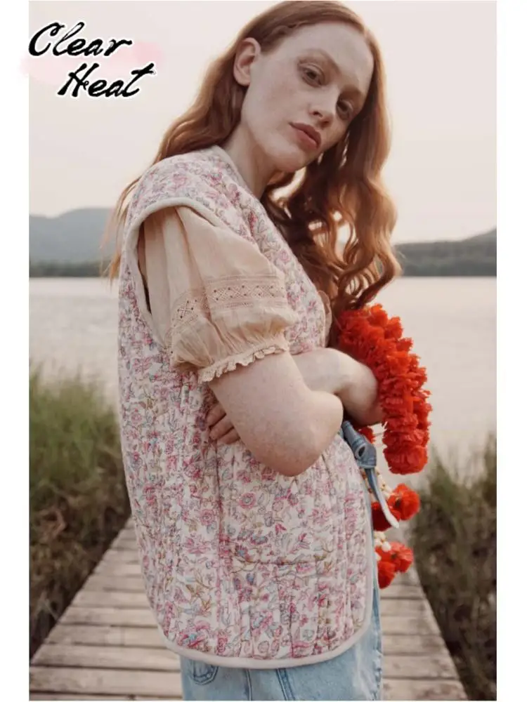 

Women Vintage Flower Printed Pockets Warm Vest Fashion Sleeveless Loose Wram Coats Belt Fashion Ladies Winter Thick Coat 2023