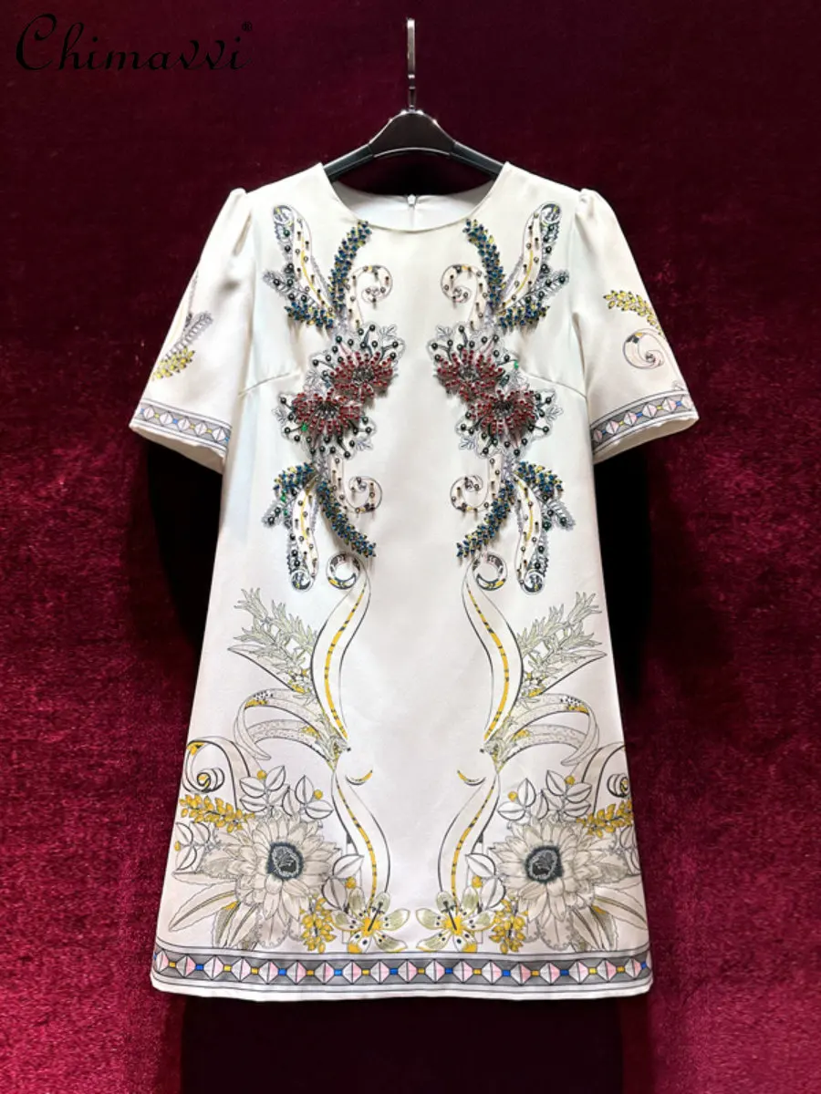 French Fashion Printed Exquisite Rhinestone Dress High-End Luxury Slimming Short-sleeve Dress 2023 Summer Dresses Ladies