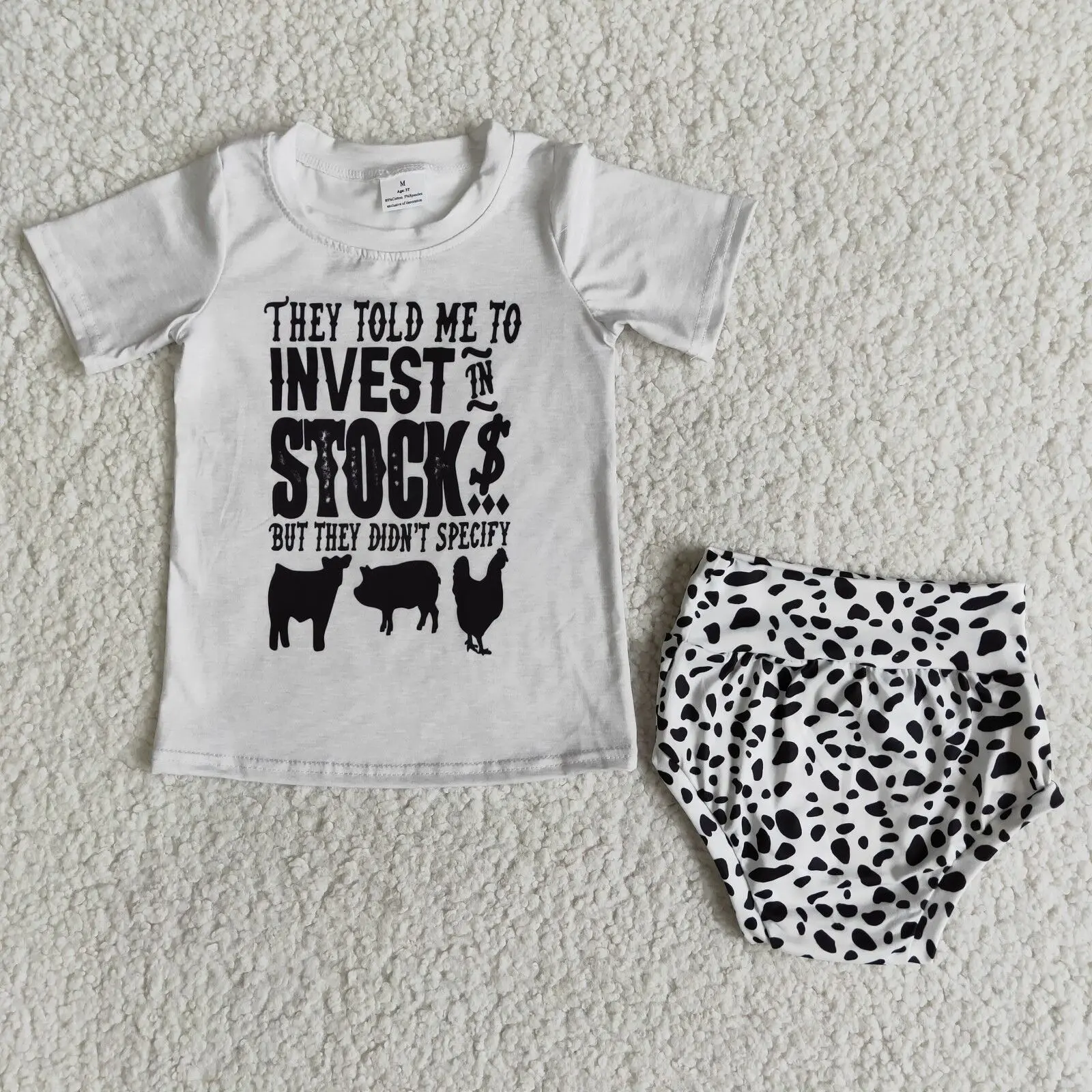 

RTS Infant Baby girls Fram White Short Sleeve Tee Shirt Cow Pattern Bummie Boutique Outfits Clothing Sets