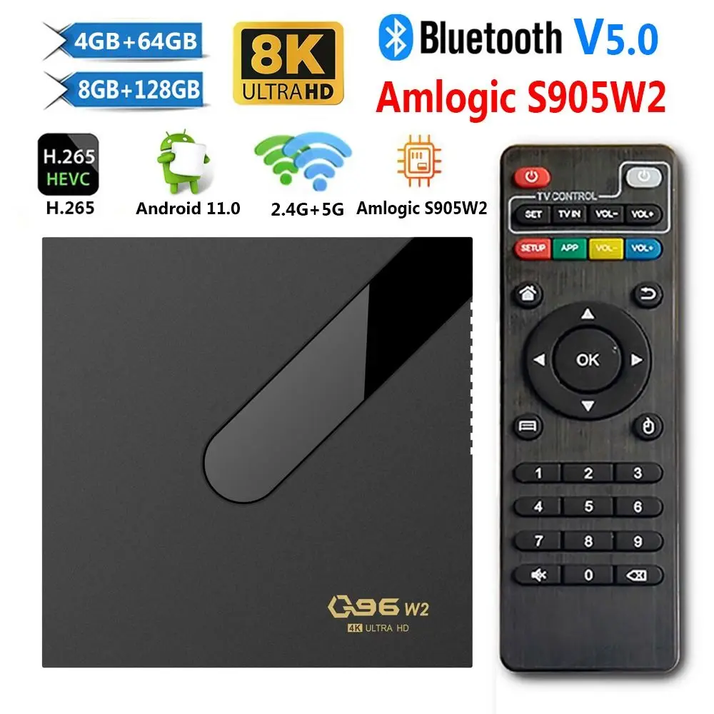 

Q96 W2 Home Theater 8K HDR Bluetooth 5.0 8GB+128GB Smart TV Box Amlogic S905W2 Android 11 Set Top Box