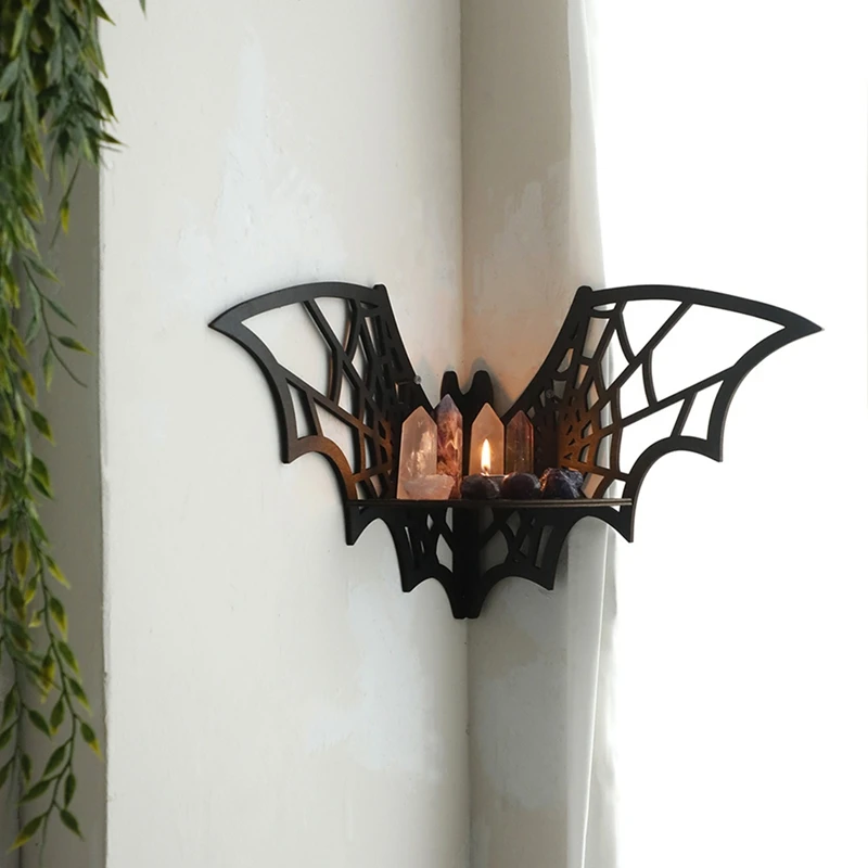 Bat Horn Frame Wooden Floating Corner Shelf Gothic Jewelry Display Stand
