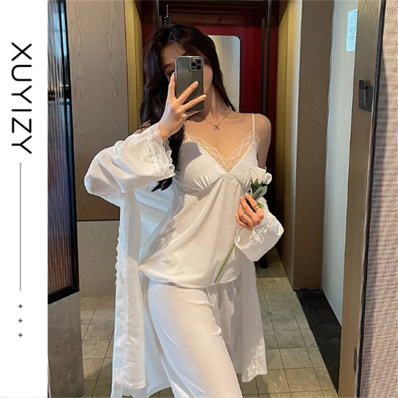 Spring And Autumn Women's Gold Velvet Lace Sexy Suspenders Pajamas SuitsTrousers Home Service Three-Piece Set