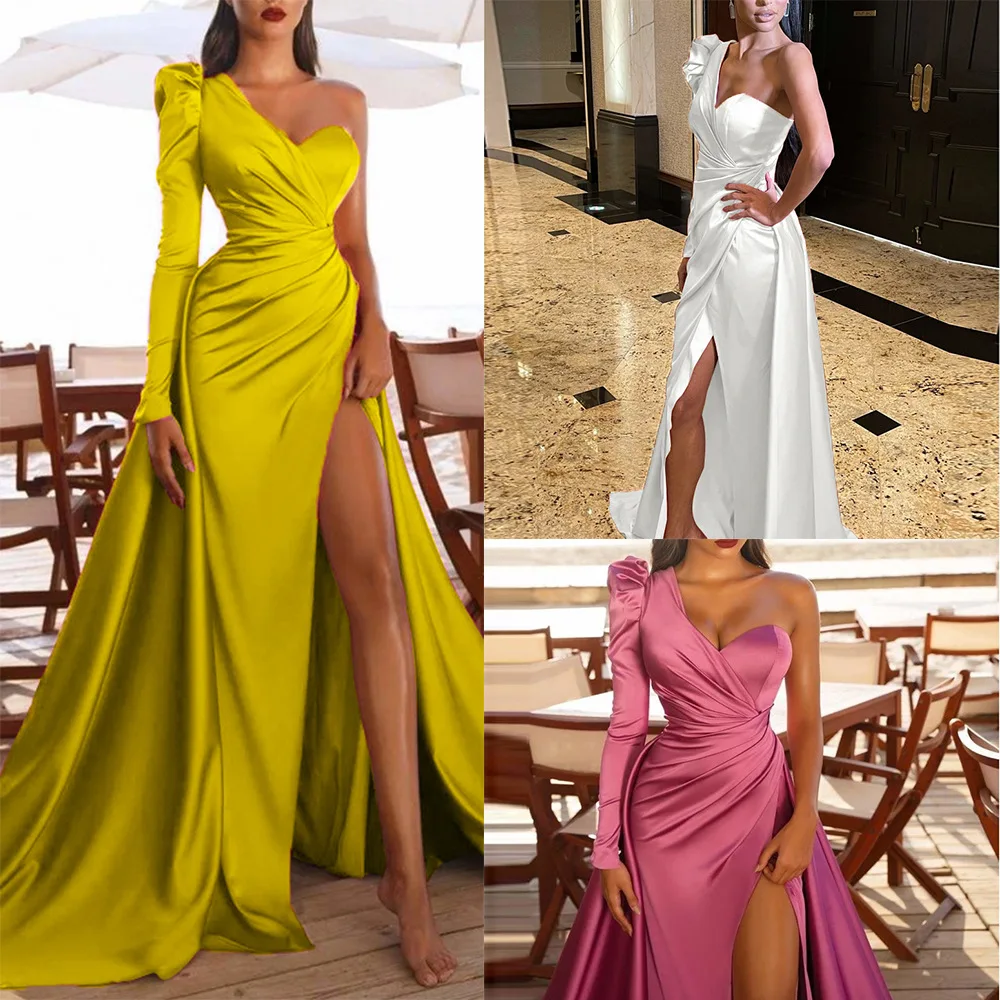 

2022 Spring Women's New Long-sleeved Satin Dresses High Slit One-shoulder Trailing Banquet Evening Party Dress Elegant Outfits