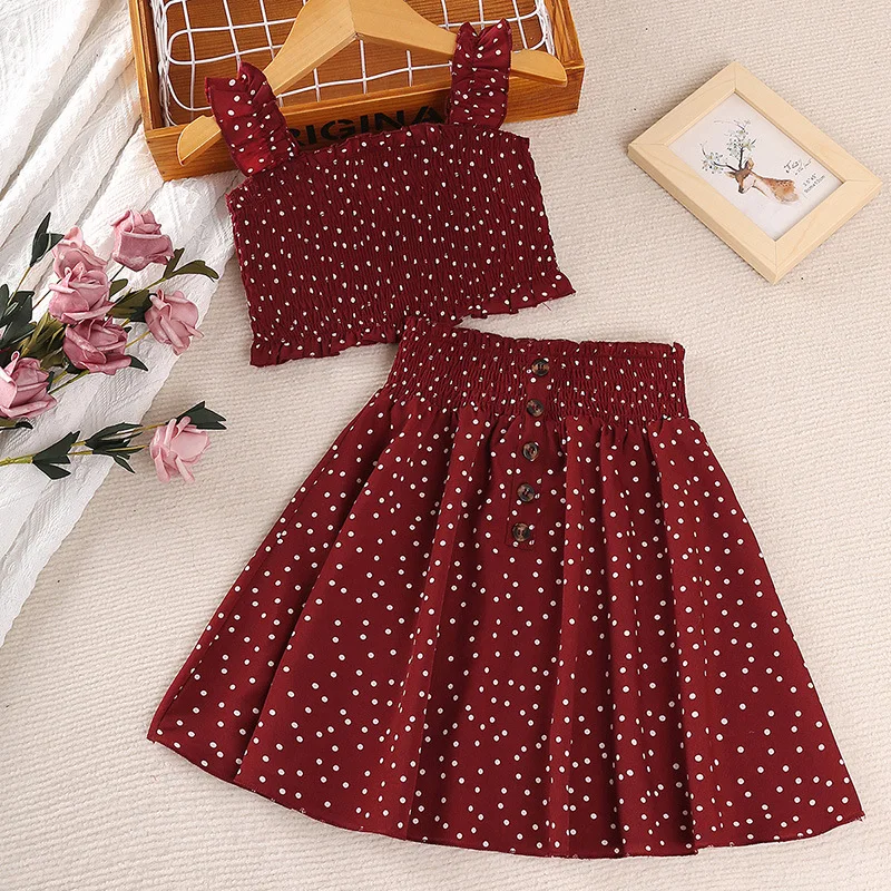 

2023 New Summer Child Clothes Sets Sleeveless Ruffles Dot Claret Red 2 Piece Sets Designer Boys Clothes Sets 4-7T