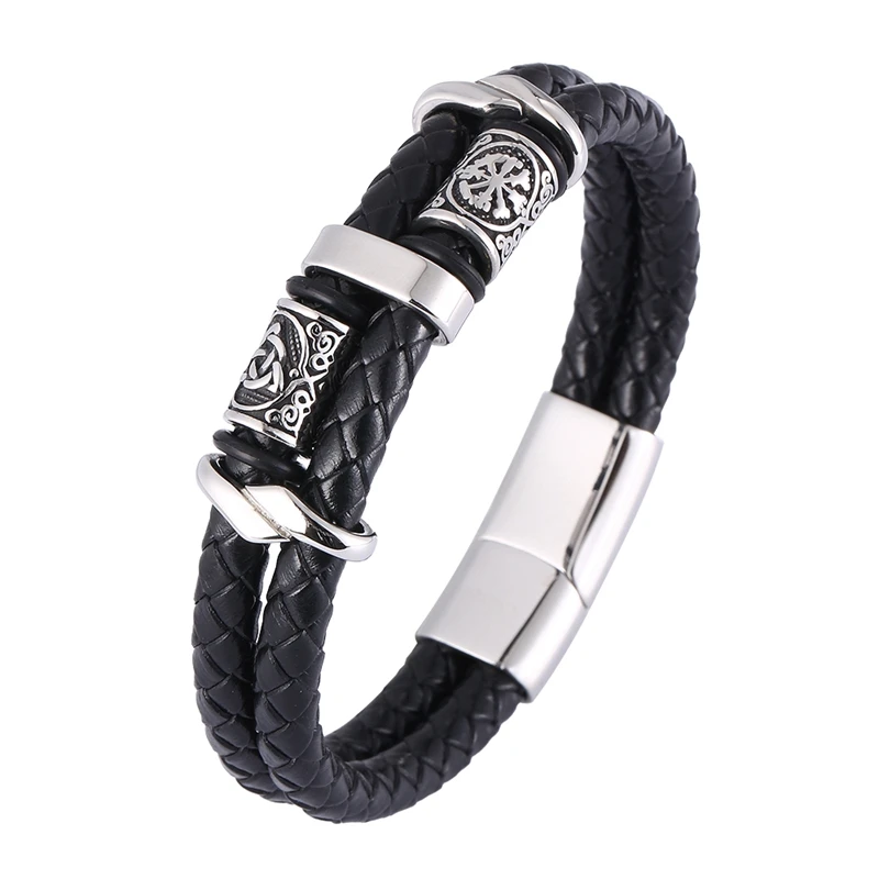 

Trendy Viking Style Norse Runes Amulet Double-Layer Stainless Steel Men's Leather Bracelet Norse Mythology Jewelry BB1339