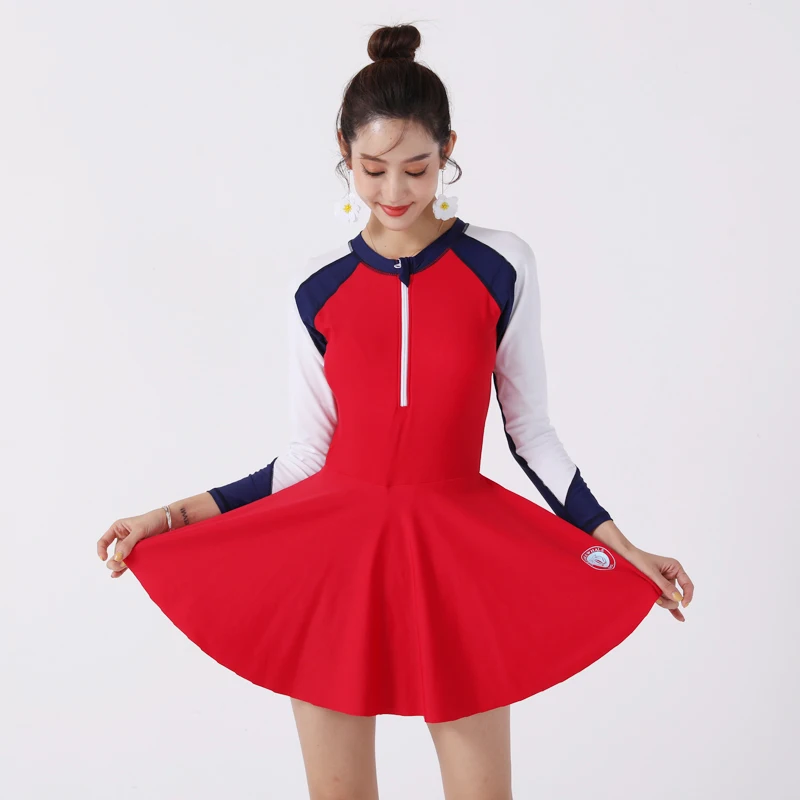 

Женский сплошной купальник с юбкой и длинным рукавом, в азиатском стиле