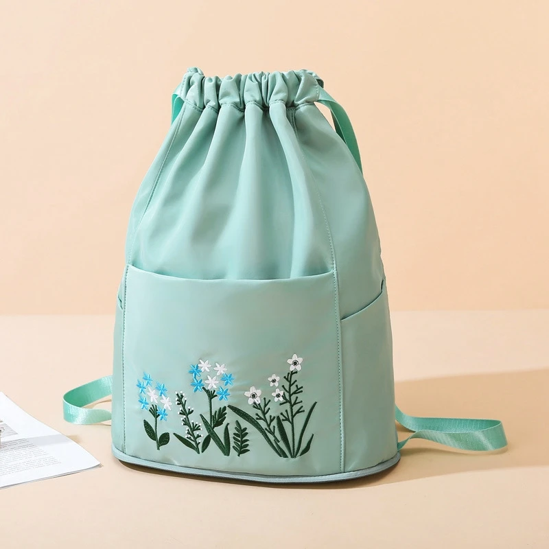 

Foldable Large Capacity Gym Bag Drawstring Bag Women Training Travel Organizer Multifunctional Embroidery Storage Waterproof Bag