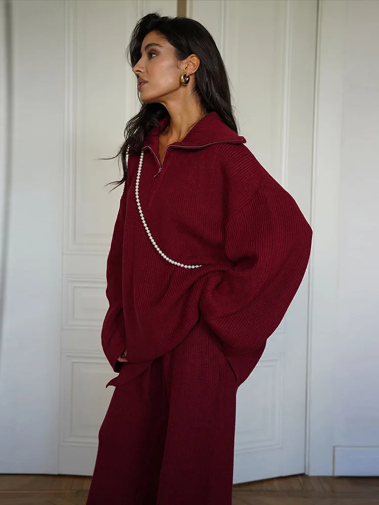 Fashion Women Knitted 2 Pieces Sets With Trousers Casual Lapel Long Sleeve Pullover Wide Leg Pants Autumn Ladies Suit