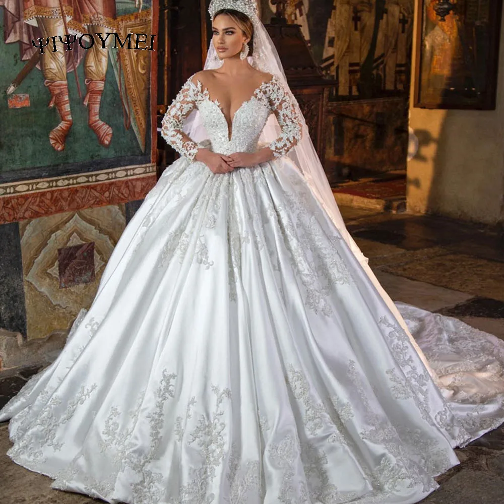 

Morocco 2023 Gorgeous Wedding Dresses Pricess Ball Gown Lace Pearls Long Sleeves Sheer Neck White Bridal Gowns Vestido De Novia