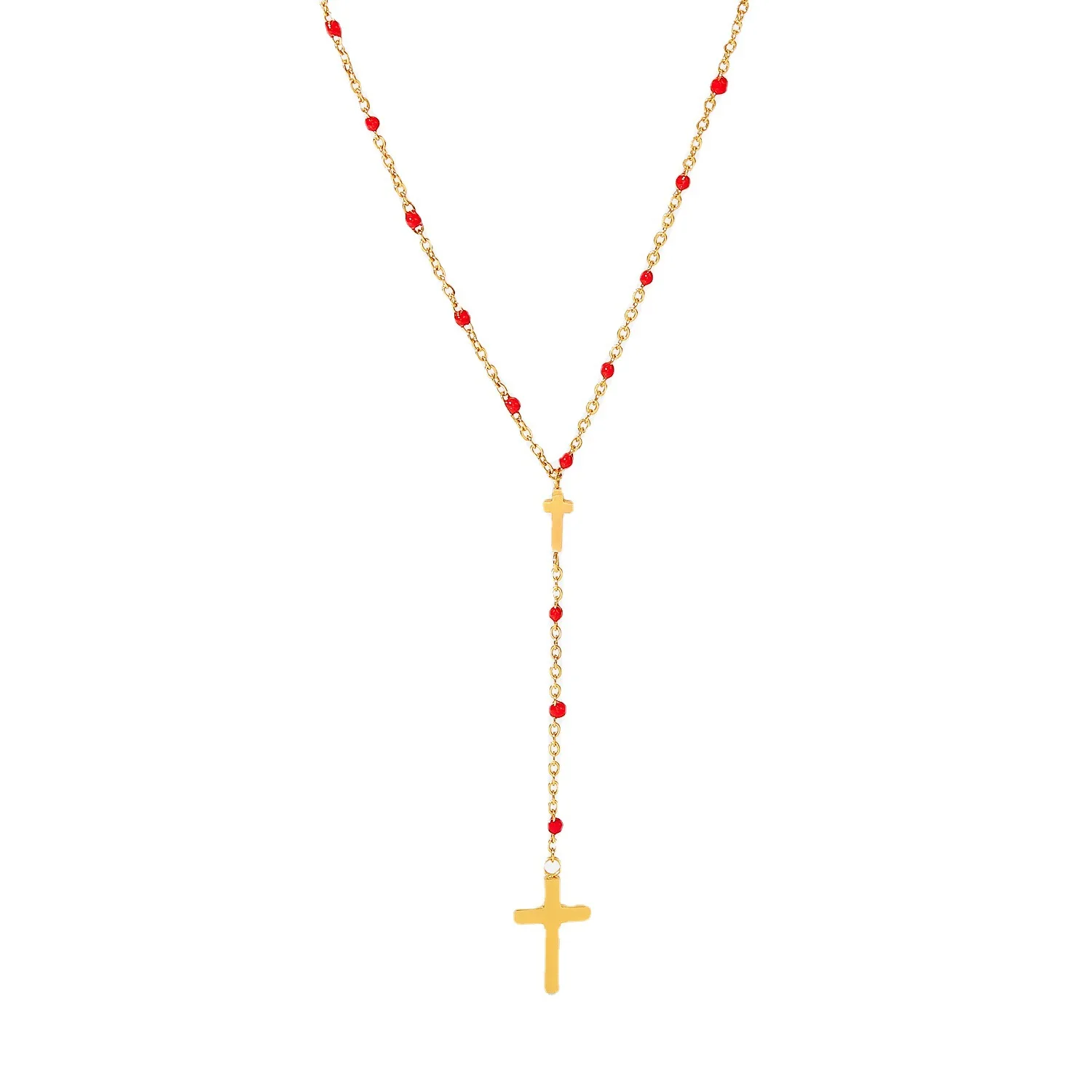 

Stainless Steel PVD 18K Gold Plated Tarnish Waterproof Red Beads Cross Pendant Necklace For Woman Jewelry Wholesale Trendy