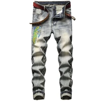 four seasons mens jeans embroidered print frayed hole skinny jeans men slim trousers fashion streetwear mens ins hot sale jeans