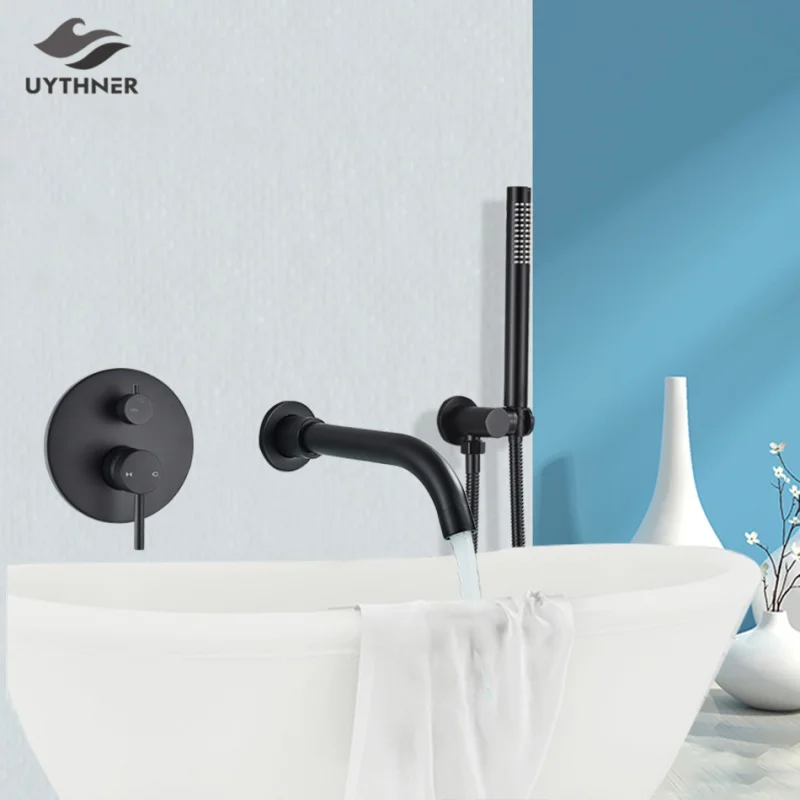 

Bathroom Bathtub Faucet Set With Hand Sprayer 2 Function Valve Brass Wall Mount Spout Shower Mixer Set Bath Dual Handle