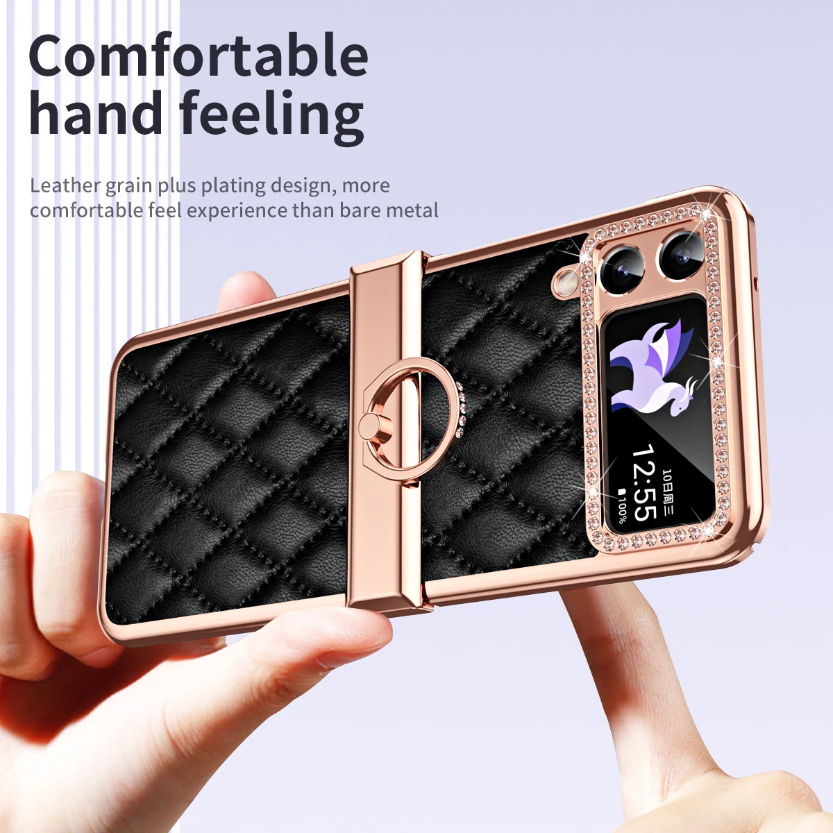 For Samsung Galaxy Z Flip 4 5G Case Flash Electroplated Plain Leather Finger Bracket Folding Hingle Shockproof Cover Accessory