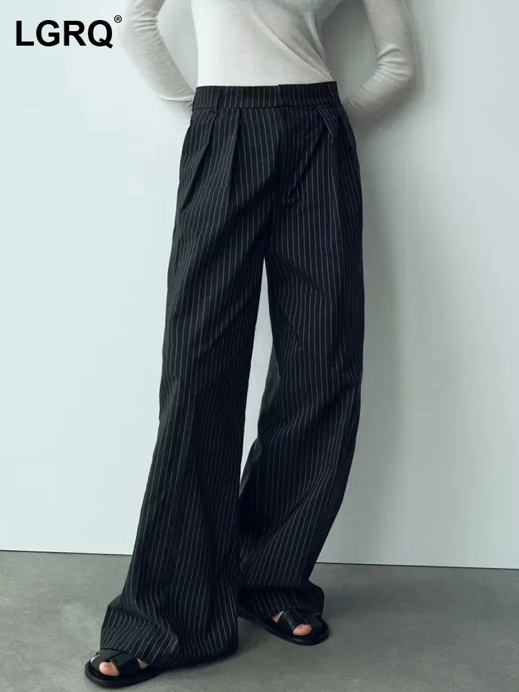 

LGRQ 2023 Модные Полосатые повседневные Прямые брюки женские элегантные высококачественные уличные широкие Модные свободные брюки 19Z1106