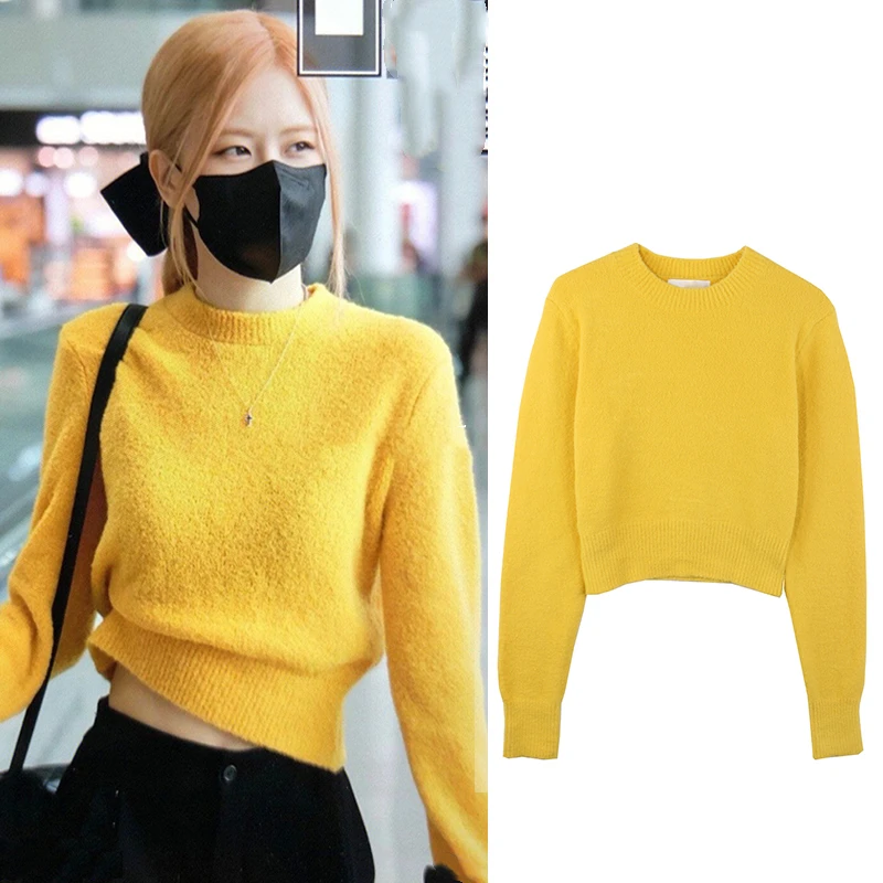 

Kpop Star ROSE Korean Fashion Knitted Jumpers 2023 Women Sweet Short Sweater Streetwear Round Neck Long Sleeve Pullover Knitwear