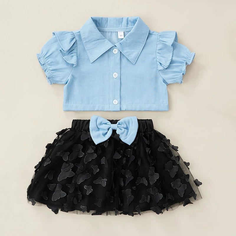 

2022 Summer Cute Puff Sleeve Top+Mesh Skirt 2Pcs Casual Outfit Girl Set Children Clothes Kid Clothes For 2-6 Years