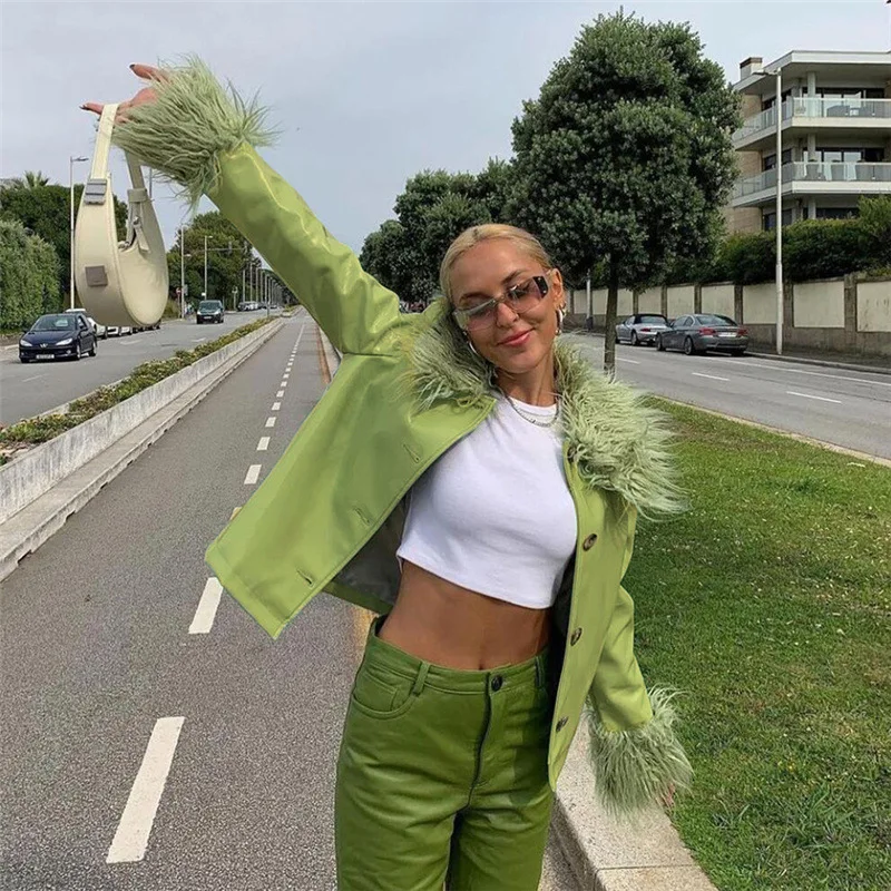 Autumn Winter PU Leather Cropped Jackets Women Fashion Black With Fur Faux Long Sleeve Fashion Y2K Brown Coat Turn Down Casual