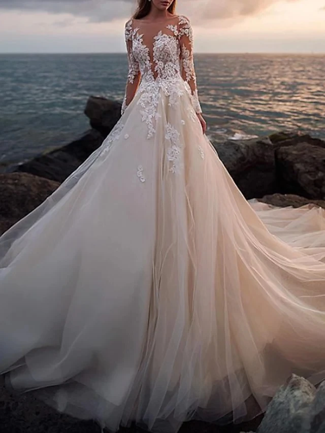 Elegant A-Line Long Sleeve Wedding Dresses Jewel Neck Sweep Train Lace Tulle See-Through Bridal Gown with Embroidery Appliques