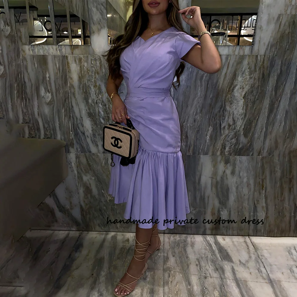 

Lavender Mermaid Saudi Arabic Evening Dresses Short Sleeve Draped Satin Dubai Prom Party Dress Tea Length Banquet Event Gowns