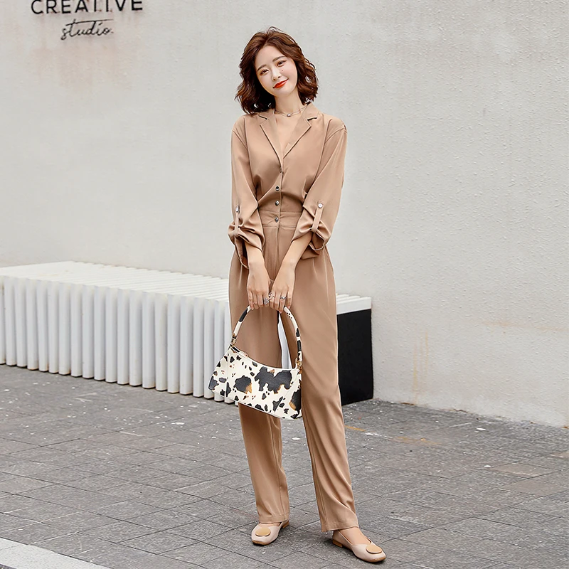 

Elegant Women Jumpsuits Romper Turn-down Collar Full Sleeve Female BF 2022 Spring Summer Loose Casual Overalls Streetwear N411